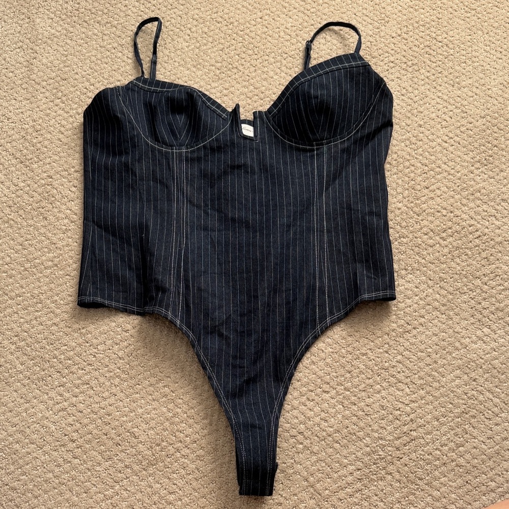 Revolve Lovers & Friends Pinstripe Dark Denim Body Suit